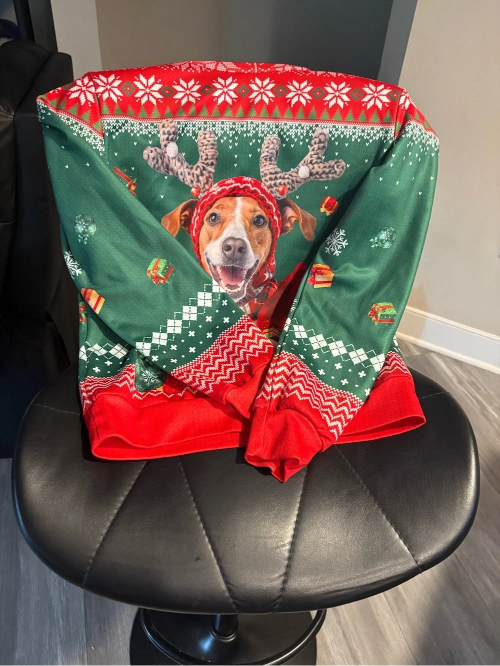 Abrand Green & Red Holiday Dog Throw with Reindeer Pup Design